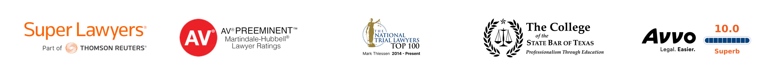 Company Awards: Super Lawyers, AV Preeminent Martindale-Hubbell Lawyer Rating, The National Trial Lawyers Top 100, Avvo Superb 10.0 Rating